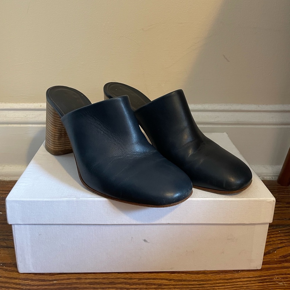 Creatures of Comfort Black Leather Mules with Wooden Heel